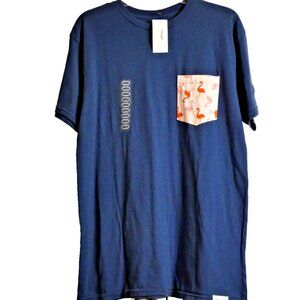 Google Blue Tshirt Womens Size L Short Sleeve 100% Cotton Top Flamingo Pocket